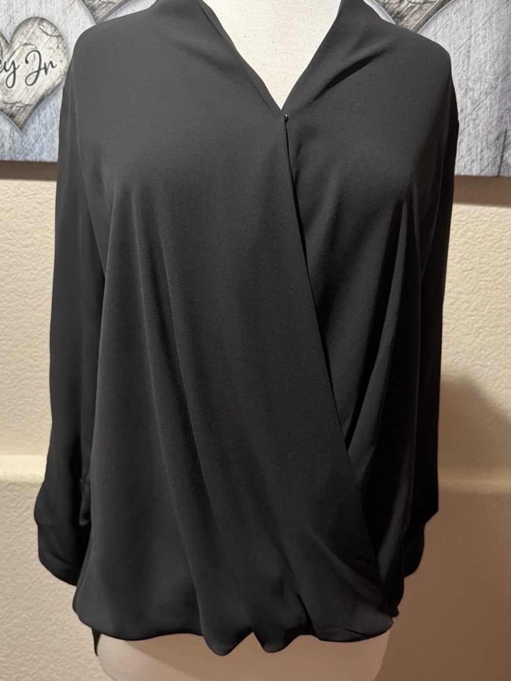 Pleione Black Surplice Draped Blouse